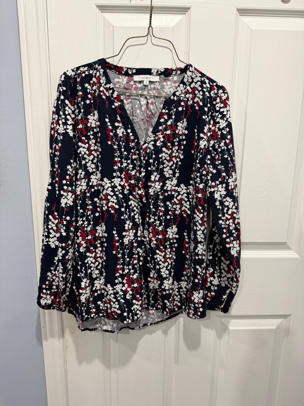 cleo Navy Floral V-Neck Blouse with White & Red Blossoms